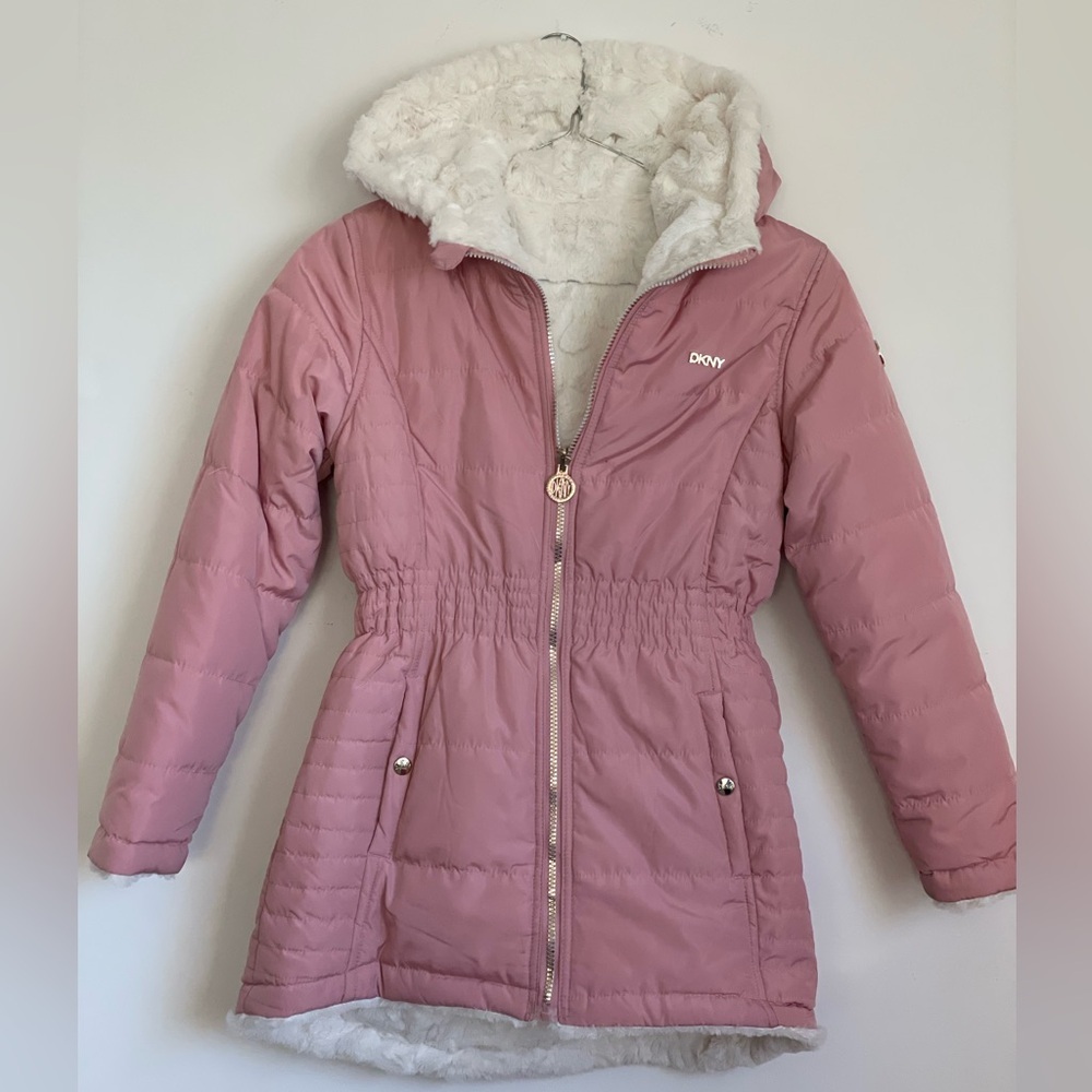 DKNY Girls Dusy Rose Faux Fur Lined Parka Size Large (14/16)